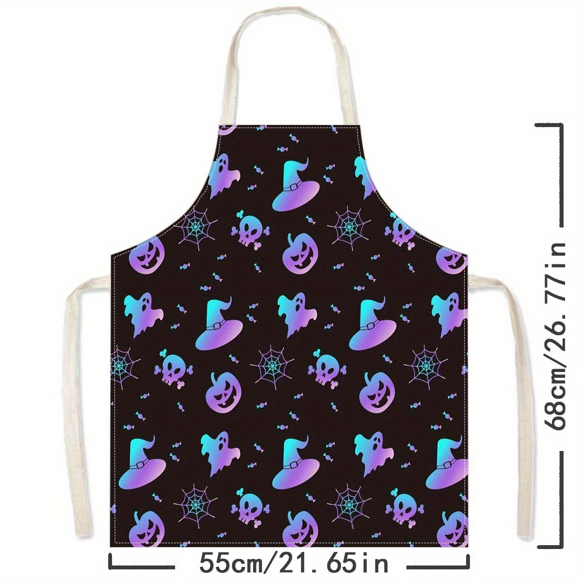

Halloween Apron Linen Kitchen Cooking Baking Party Gift Ghost Witch Hat Pumpkin Spider Web Print Black Purple Fun Spooky 38X47cm(15X19in)