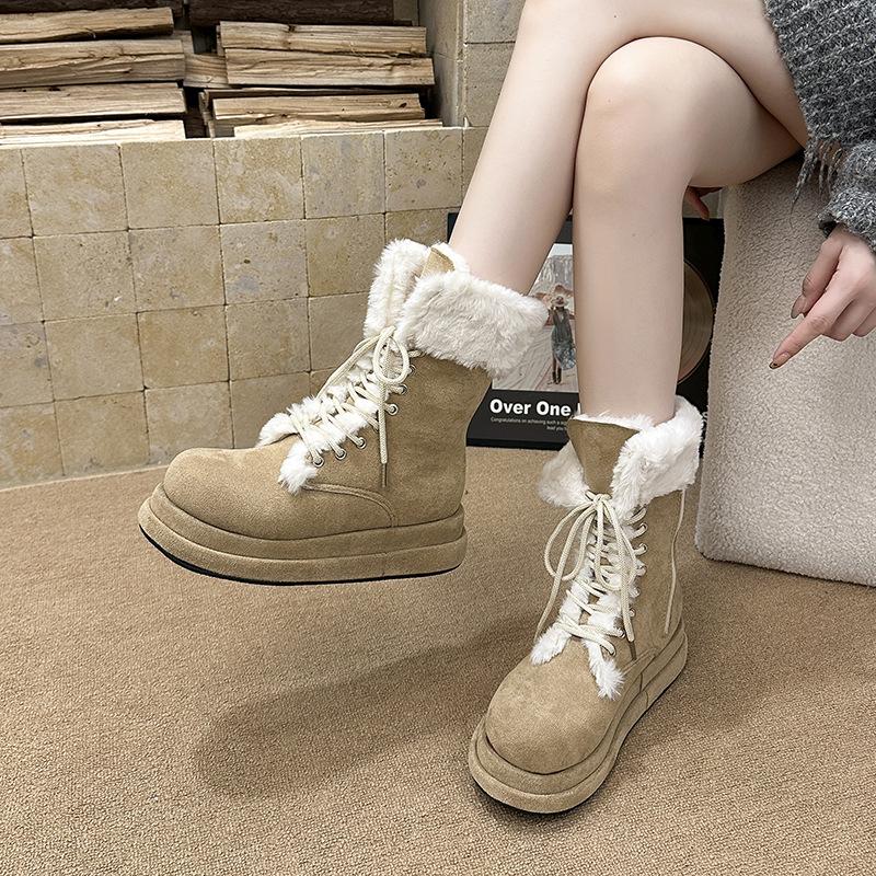 Women's Thick-soled Winter Lightweight Warm a Footstool Leather Fur One Padded Snow Boots Non-slip Wear Casual Sneakers Martin Cotton Boots
