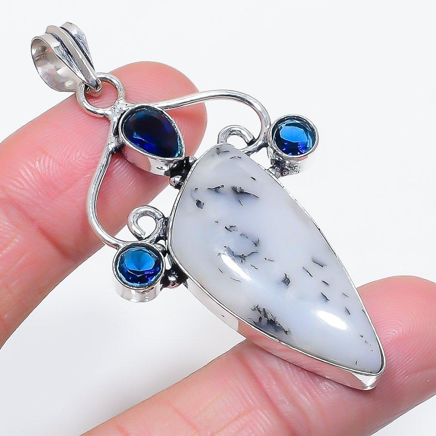 Dendrite Opal, Topaz Gemstone 925 Sterling Silver Jewelry Pendant 2.48"