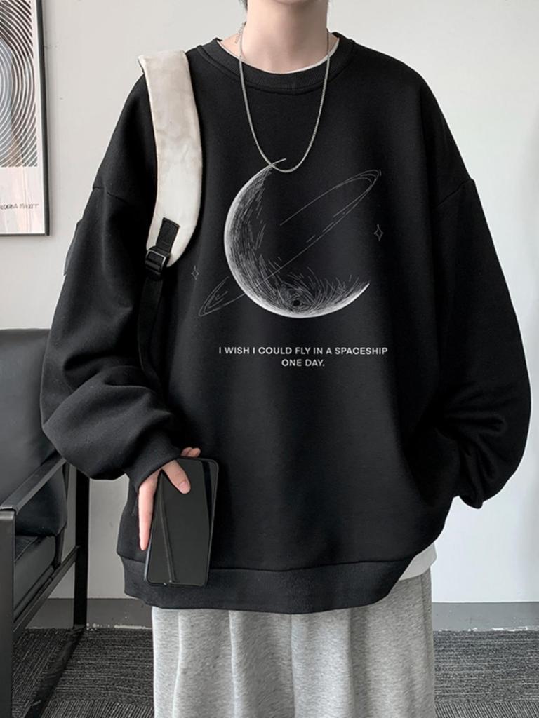 Men's American Trendy Crewneck Pullover Hoodie - Autumn High Street Print, Loose Fit, Lazy Style Long Sleeve Top