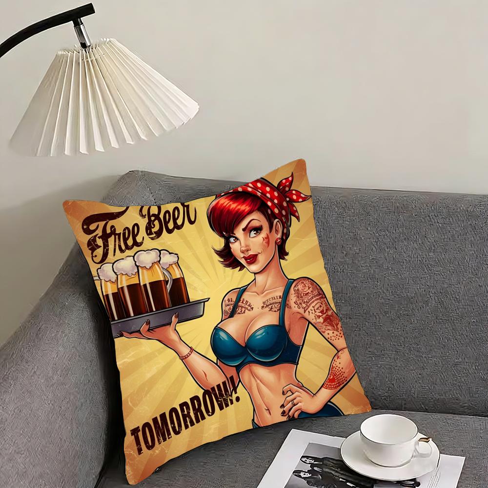 Poszewka na poduszkę w stylu retro z motywem piwa i wina, dwustronna, pluszowa – Do samochodu, na sofę, do sypialni, idealna na prezent.