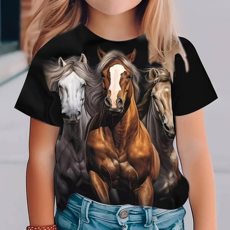 Dětské tričko 3D potisk Dětské 3D digitální tisk Série s koněm Tričko s krátkým rukávem Letní sportovní Tričko s kulatým výstřihem