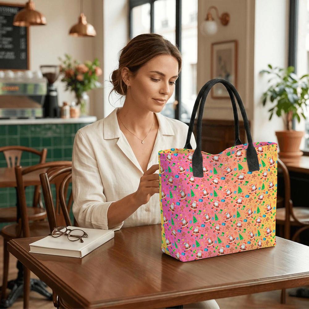  Christmas Santa Printed Tote Bag Fashion Large Capacity Canvas Shoulder Bag for Women Daily Use