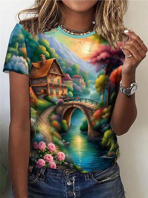 T-shirt z nadrukiem krajobrazu, okrągły dekolt. Casualowy top z krótkim rękawem, okrągły dekolt, dla kobiet, na wiosnę i lato.