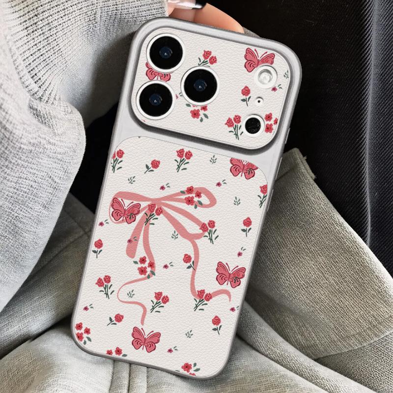 Pink Bowknots Floral Leather Lanyard Case For iPhone 18 Pro Max 17 16 15 14 13 Pro Max Luxury Hybrid TPU+PU Anti-skid Soft Phone Cover