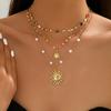 3Pcs Layered Necklace Set Sun Pendant Colorful Rhinestone Faux Pearl Boho Summer Beach Adjustable Jewelry