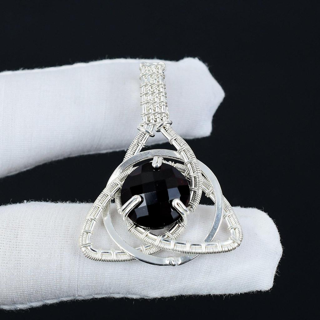 Black Spinel Gemstone Silver Pendant In 925 Sterling Silver- Handmade Design, Celtic Family Knot Wire Wrapped Everyday Jewelry, Gifts