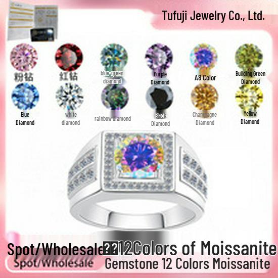 Men's GRA Moissanite Diamond Ring, PT950 Plated, S925 Sterling Silver, Simple Fashion Design.