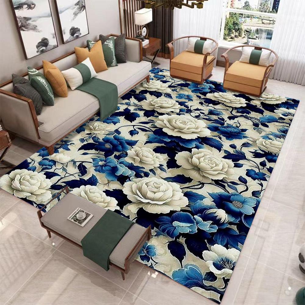 Blauw Wit Pioenroos Bloempatroon Woonkamer Kleed Antislip Groot Tapijt met Lichtblauwe Achtergrond voor Moderne Huisdecoratie Vloermat 120x160cm