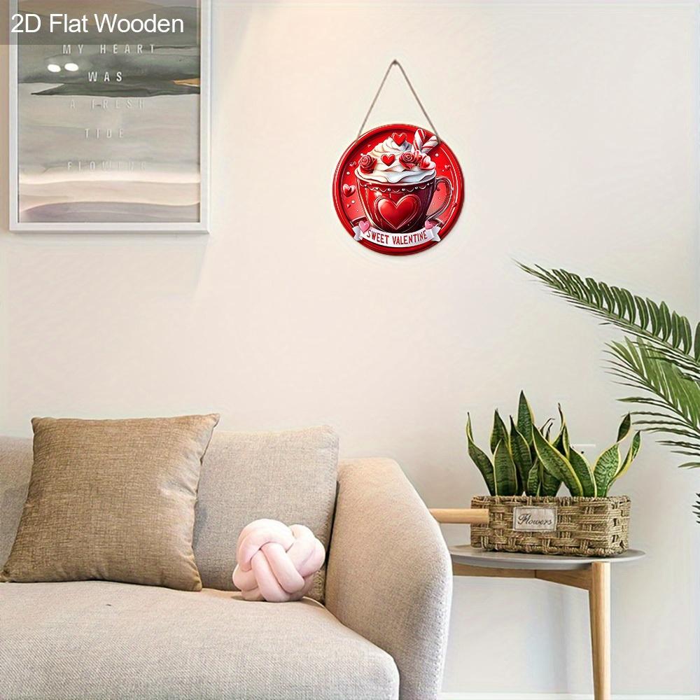 Sweet Valentine Red Coffee Cup Wooden Sign, Round Front Door Decor, Heart & Rose Wall Hanging - Ideal Romantic Gift for Valentine's Day