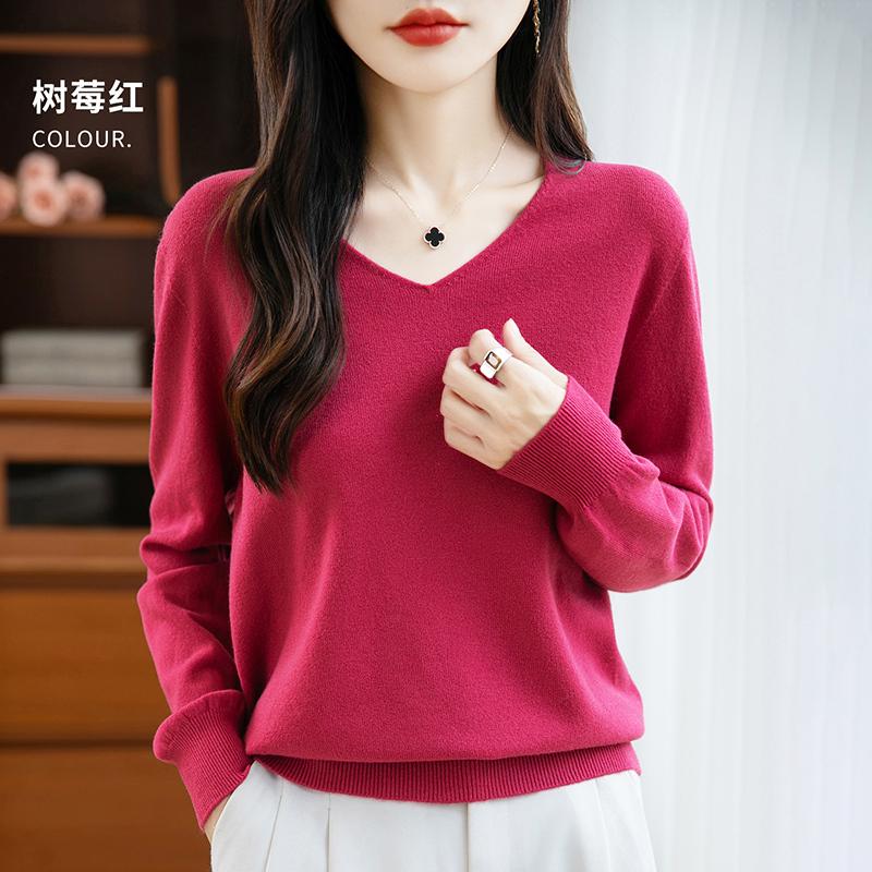 

Women s V-neck sweater Qinghe cashmere 30% cashmere 70% wool autumn and winter fashion warm versatile L Вишня