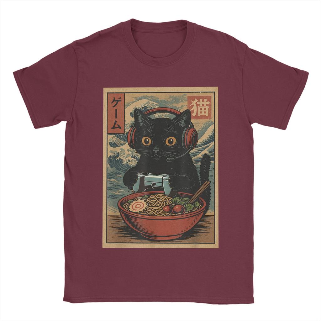 Niesamowite japońskie koszulki z kotem ramen dla mężczyzn z okrągłym dekoltem 100% bawełniane koszulki Kawaii kot z makaronem koszulki z krótkim rękawem oryginalne topy