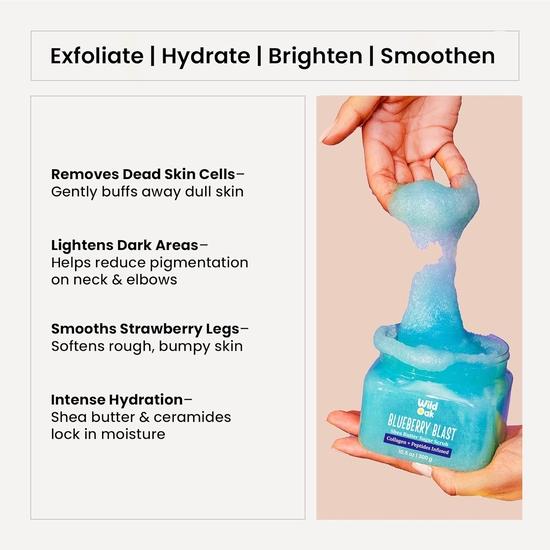 WildOak Blueberry Blast Sugar Body Scrub | 300g | Kojic & Hyaluronic Acid, Ceramides, Collagen & Peptides | De-Tan & Brightens Dark Areas