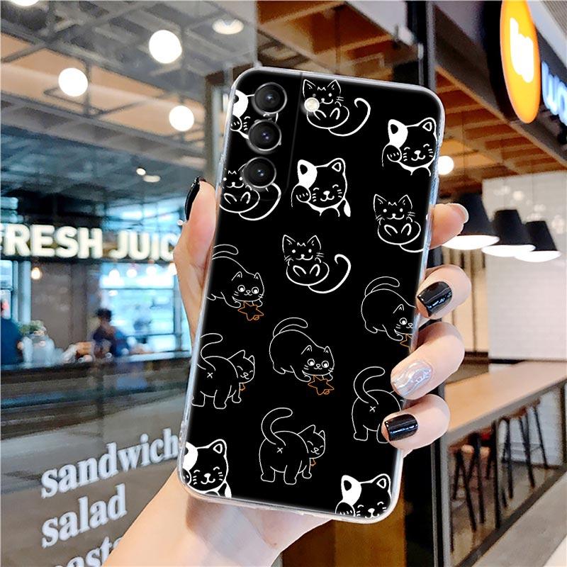 Funny Cartoon Line Art Cat Cute Animal Transparent Case for Samsung Galaxy S22 S21 S20 FE S 22 Ultra S10E S9 Plus 5G Cover Coque