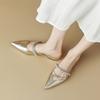 Pointed low-heeled Muller baotou half-drag women's summer 2025 new soft leather one-word with rhinestones silver flat-bottomed cool slippers