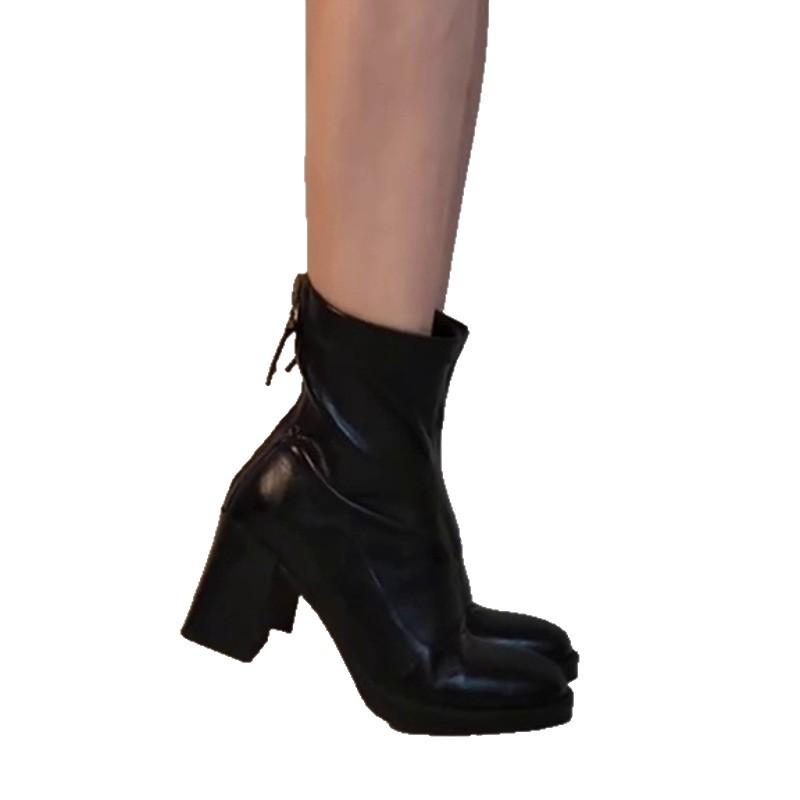 Hochhackige kurze Stiefel Temperament vielseitige dünne Stiefel elastische Stiefel neue Retro quadratische Zehe dickhackige kurze Stiefel