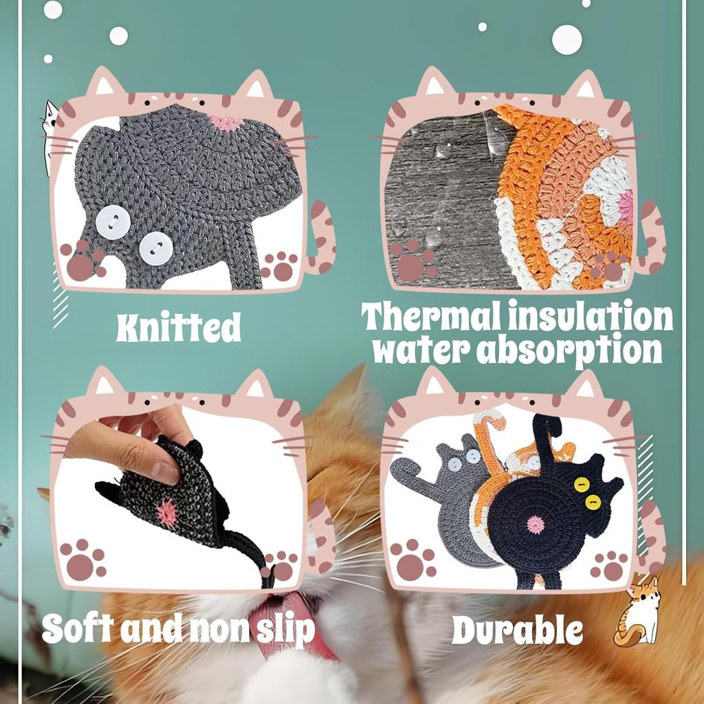 Cat Coffee Coasters Set of 3,Woven Cat Drink Mats, Funny Handmade Home Decorations Tabletop Protection