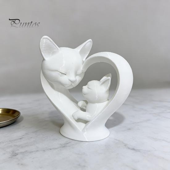 Cute Cat Home Decoration Mother Baby Figurine, 3D Printed Heart Sculpture for Desk Decor, Smooth Surface Statue Modern Art Living Room Study,