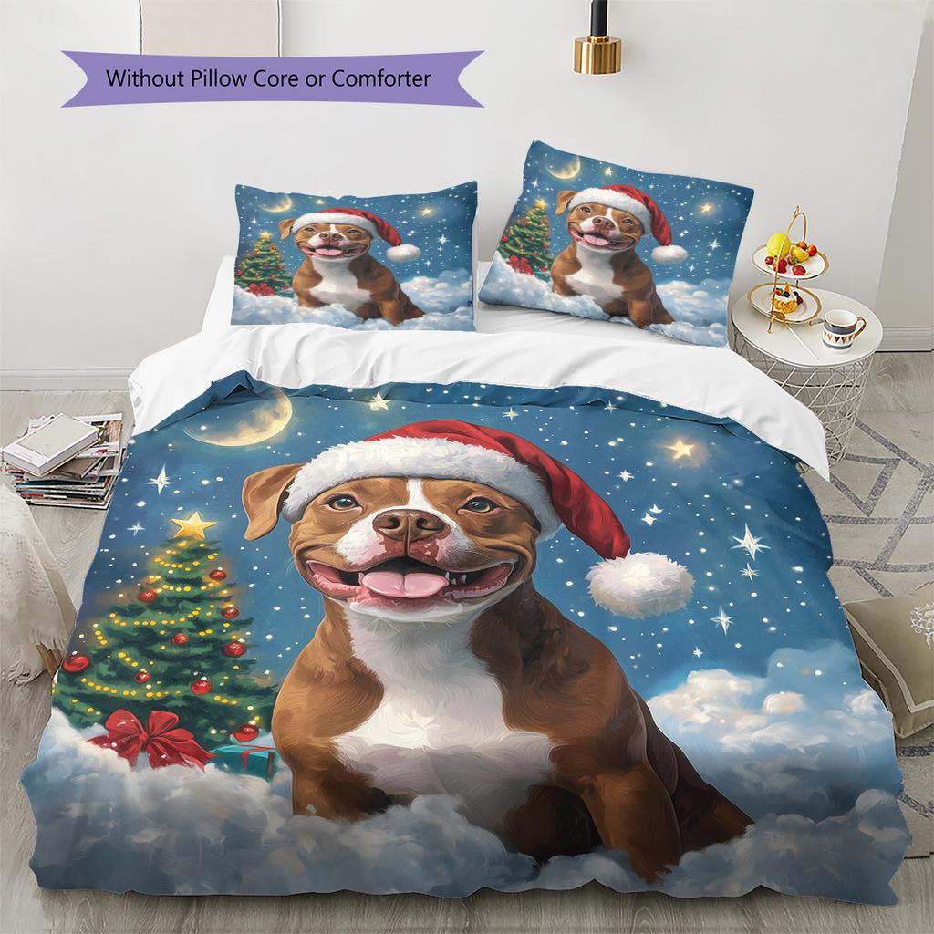 Christmas Pitbull Pattern Bedding Home Decoration Birthday Gift (1 * duvet cover + 2 * pillowcase, without core)