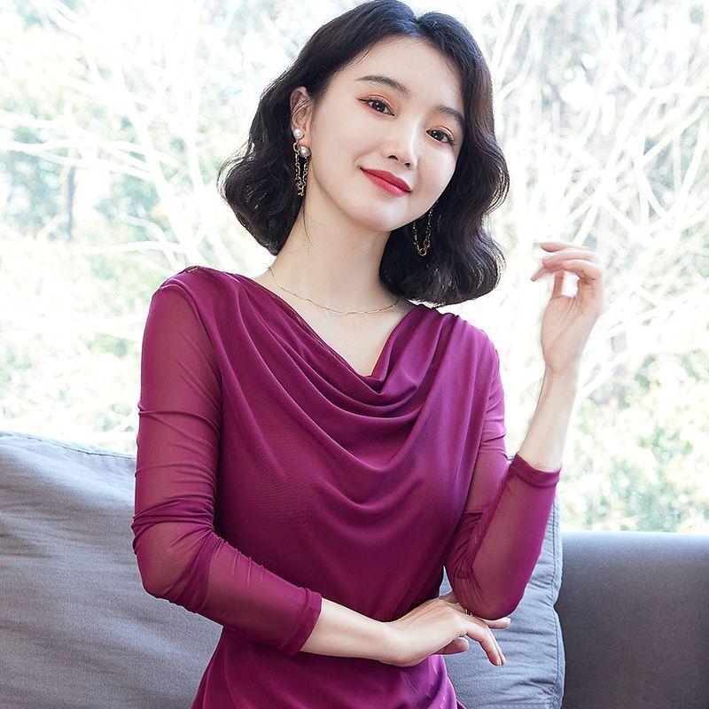 Fashion Women Spring Autumn Thin Mesh Blouse Stacked Neck Slim Fit Long Sleeve Base Layer T Shirt
