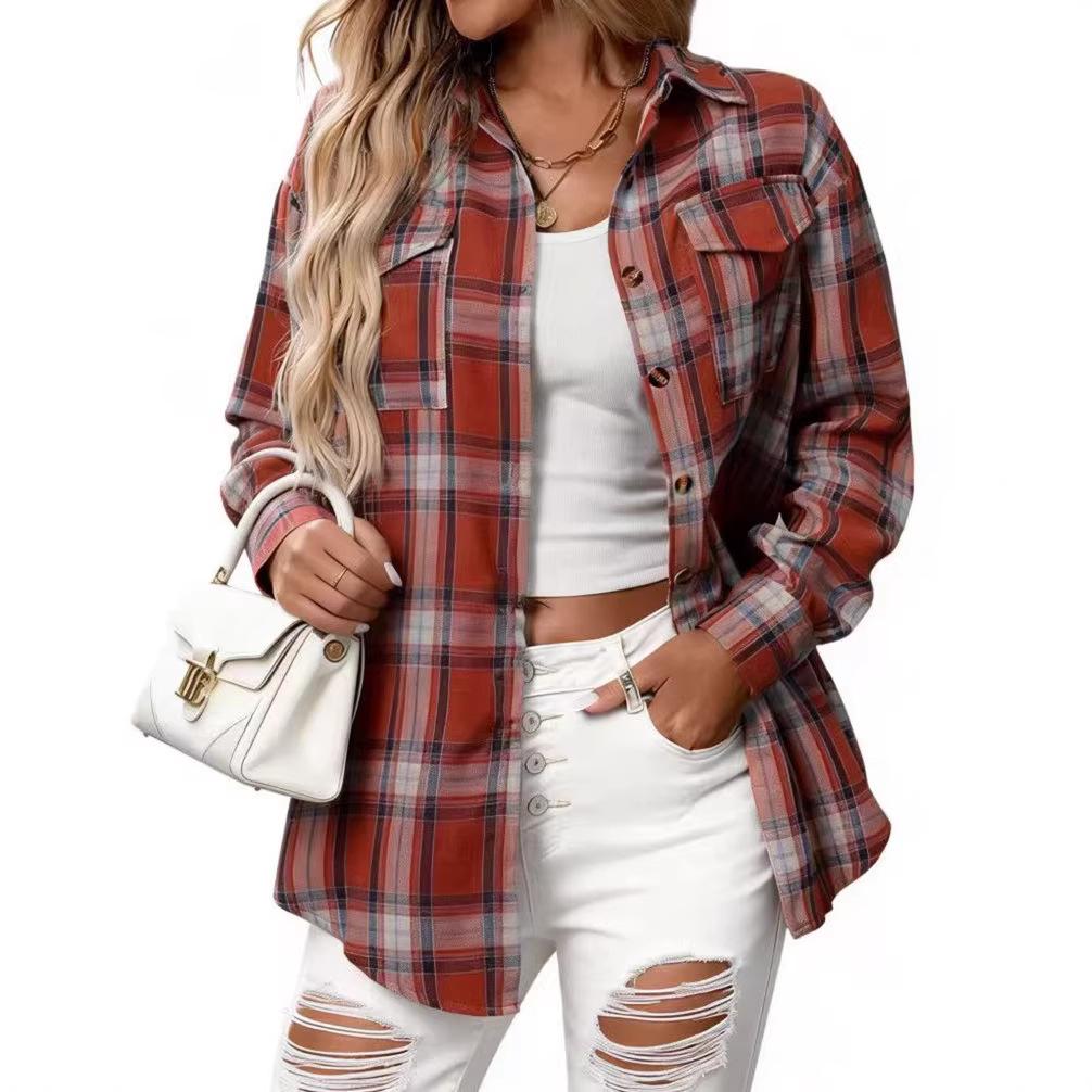 European & American Women's Casual Plaid Pocket Shirt – Autumn Winter 2025 Collection