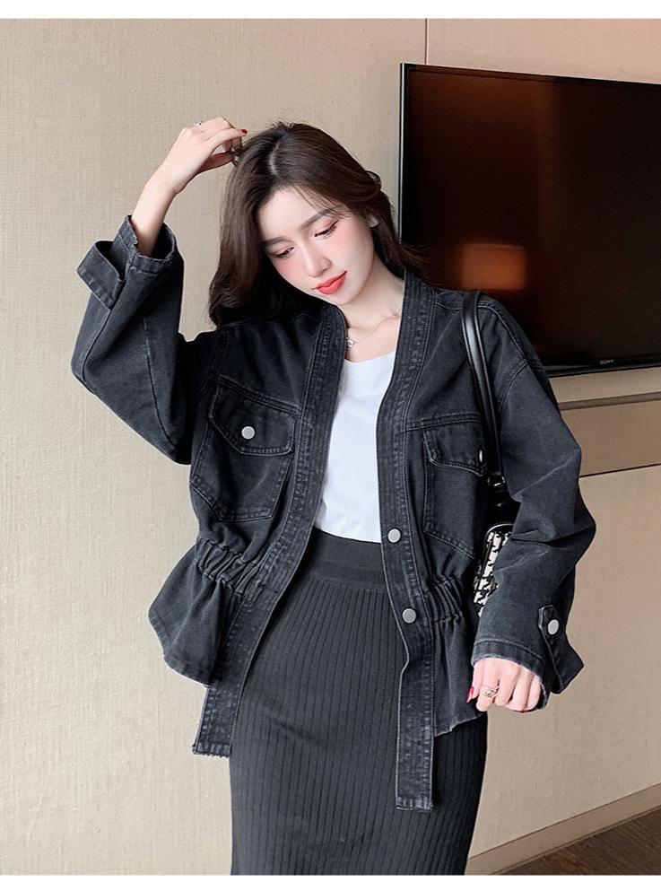 2024 Korean Style Black V-Neck Denim Jacket - Loose Fit, Two-Button, Short Length