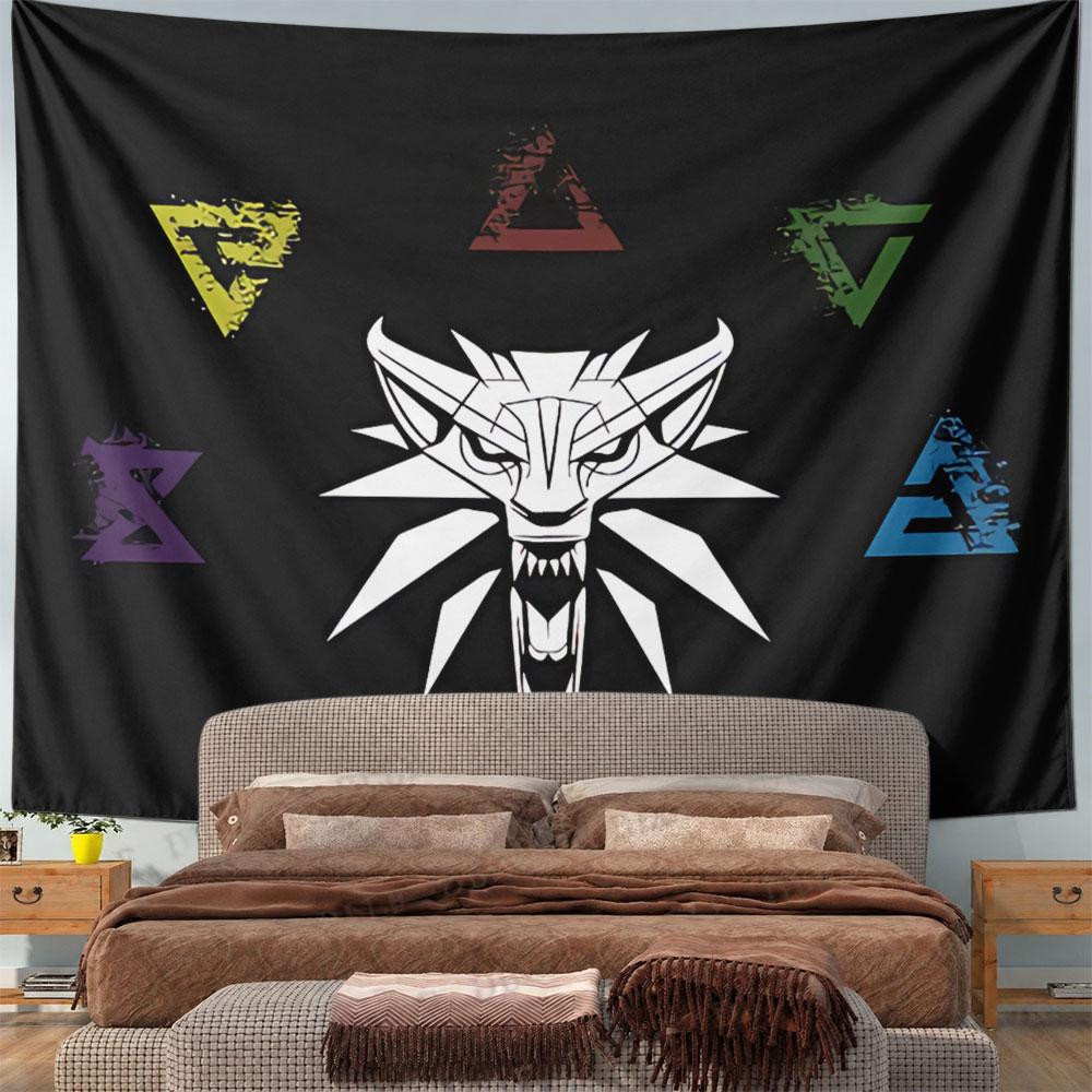 Central Wolf Emblem with Five Colorful Triangular Symbols Surrounding It. Patterned Tapestry for Bedroom and Living Room Home Decor