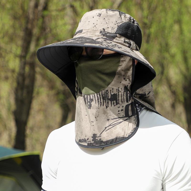 Summer Men Sun Hat with Shawl Veil 9 Cm Brim Military Camouflage Side Breathable Mesh Bucket Cap Outdoor Use Sunscreen Fishing Cap