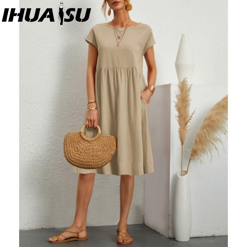 IHUASU Women's Fashion Summer Spring Solid Color Print O-Neck High Waist Casual Dresses