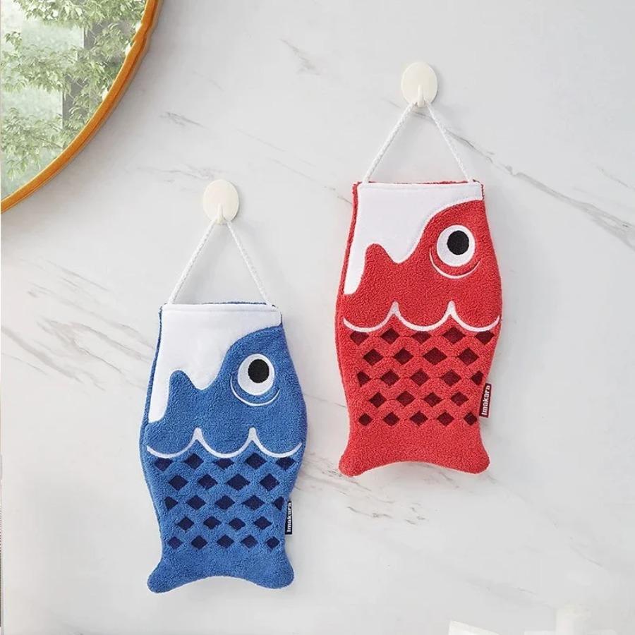 Cute Cartoon Koi Form Hanging Hand Towel Household Bathroom Children's Super Absorbent Handkerchief Square Kitchen Hand Towel