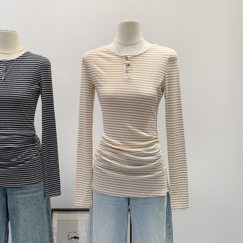 Women s Striped Long-Sleeve Medium-Length Base Layer Top, New Korean Style Winter 2026 M хаки