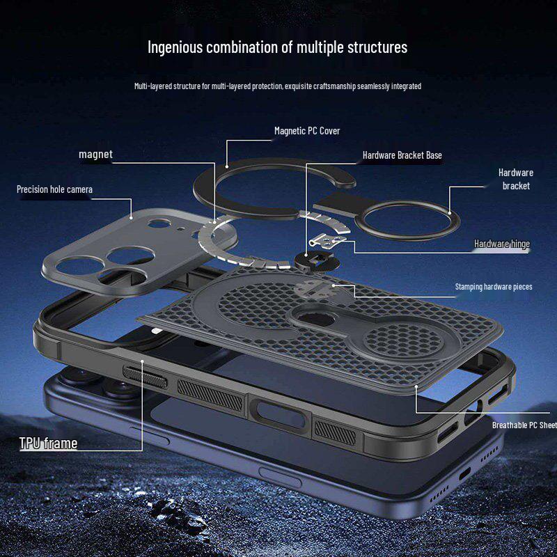 iPhone 17 Pro Max Honeycomb Heat Dissipation 360 Magnetic Bracket Case with Precision Hole Cover
