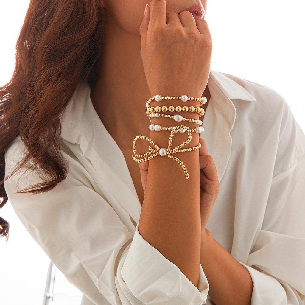 European and American Style Personalized Bow Beaded Multi-Layer Bracelet 5-Piece Set – Imitation Pearl Bracelet for Women