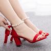 7cm Thick Heel Shallow Mouth One-length Strip Suede Sandals Round Toe Square Root Sandals Beaded Streamers Summer Sandals for Women