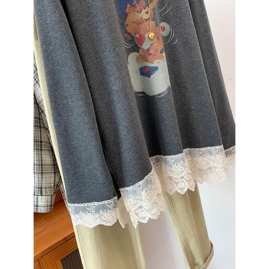 Cartoon Teddy Bear Brushed Lace Long Sleeve T-Shirt - Autumn Winter Slim Fit