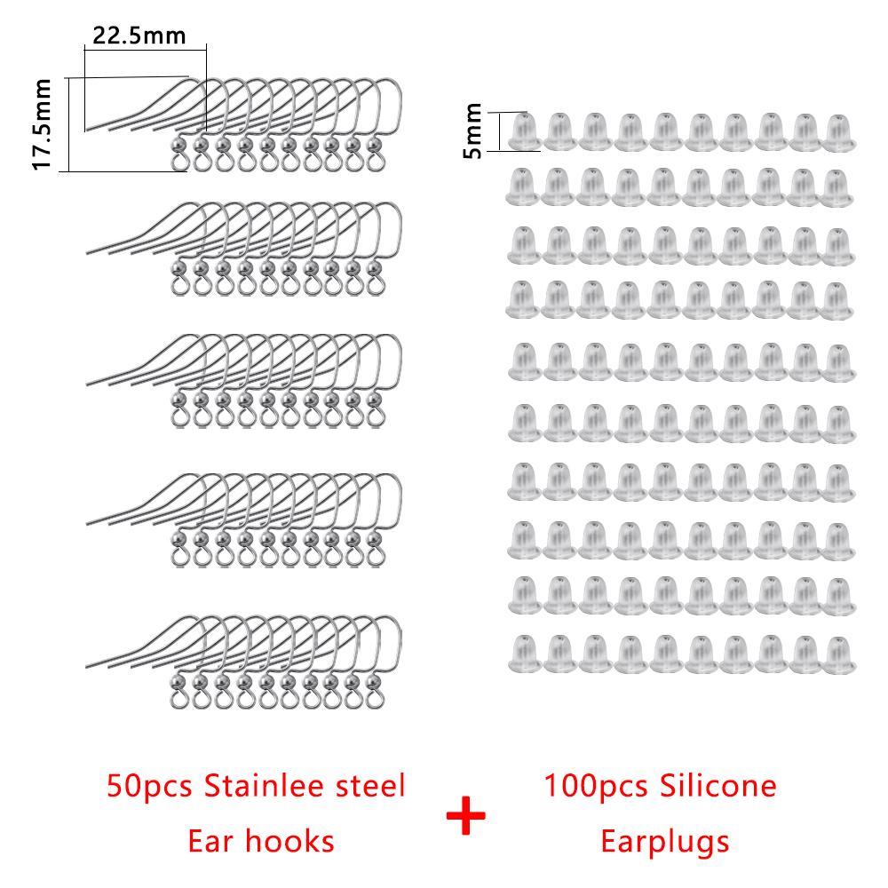 150Pcs/Set Stainless Steel Earring Hook Ear Wire with Silicone Earplugs Kit for DIY Earrings Jewelry Findings Making Accessories