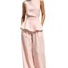 Elegant Commuting Pure Color Ruffled Hemmed Fitted Waistless Sleeveless Top Paired with Loose and Smooth Wide-leg Pants for Women's Two-piece Set