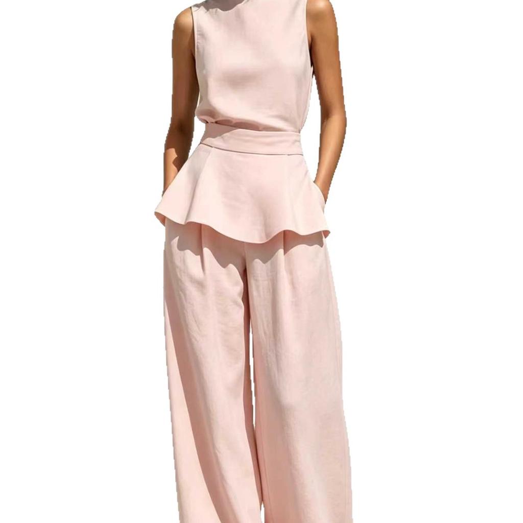 Elegant Commuting Pure Color Ruffled Hemmed Fitted Waistless Sleeveless Top Paired with Loose and Smooth Wide-leg Pants for Women's Two-piece Set