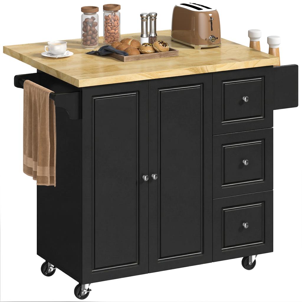 Kitchen Island on Wheels, Rolling Kitchen Storage Trolley with Drop Leaf, Drawers, Towel and Spice Rack, Black