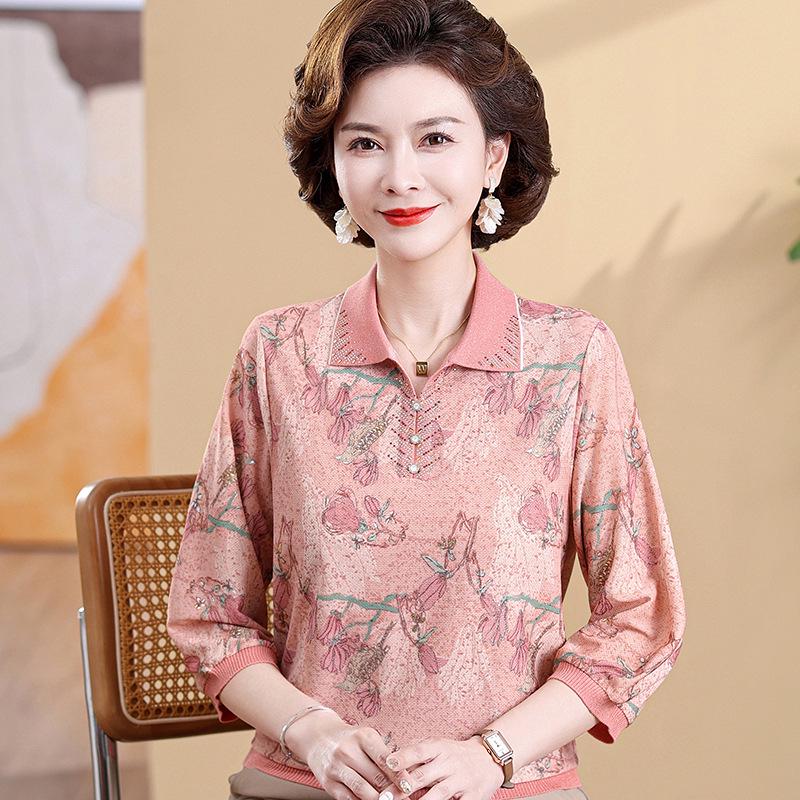 

Summer Petite Maternity Ice Silk Seven-Sleeve Lapel T-Shirt for Middle-Aged & Elderly Women 2XL (110-120 jin) червоний