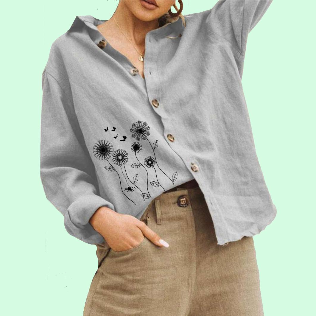 

Женская модная льняная рубашка на пуговицах с цветочным принтом, повседневная женская блузка с длинным рукавом 3XL