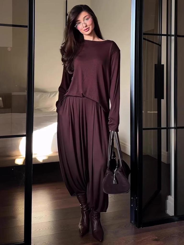 Spring 2026 Women's Solid Color Loose Long Sleeve Top & Wide Leg Pants Suit