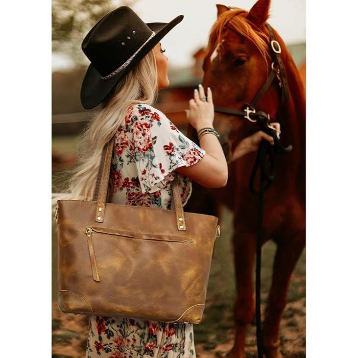 Genuine Leather Tote Bag for Women Work Shoulder Crossbody Purses Handbag with Outside Pockets
