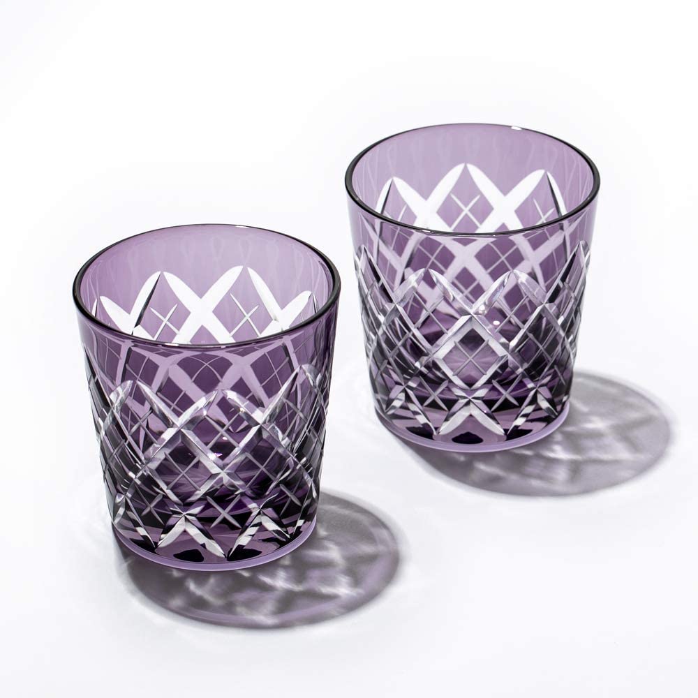 Kobo Edo Kiriko Yarai Crest Cold Sake Cup Pair Wooden Box Made in Japan [Taimuro Official] (Edo Purple) TB90152-1Ms