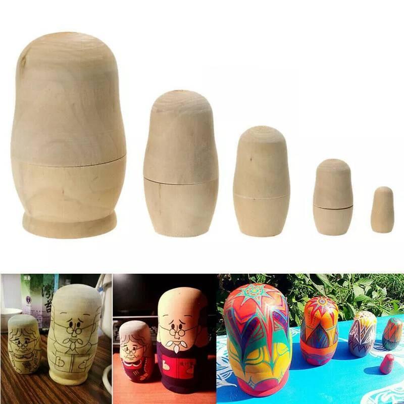 Diy 5pcs Unpainted Blank Wooden Embryos Russian Nesting Dolls Toy Matryoshka
