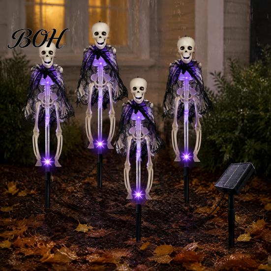 Spooky Garden Stake Lights 4 Pcs Solar Light Up Skeleton Decoration, 3D Creepy Human Halloween Outdoor Walkway Decor Pathway Light, Waterproof