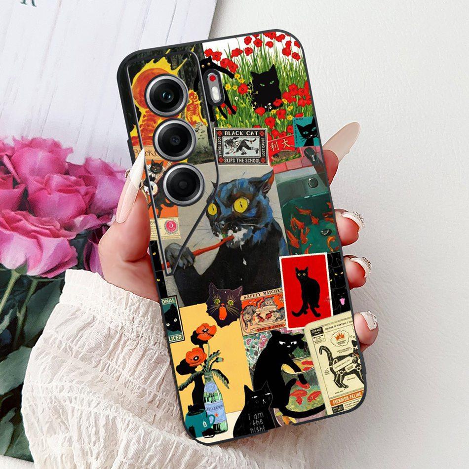For Tecno Camon 40 Pro 4G Camon40 Elegant Floral Cat Phone Case For Camon 40 40Pro 4G CM6 CM5 Black Silicone Soft Cases Bumpers