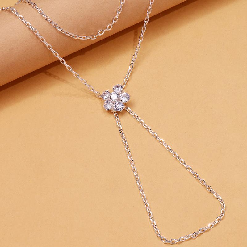 Minimalist Metal Inlaid Flower Zircon Finger Bracelet for Women Trendy Gold Color Thin Chain Double-Layer Hand Chain Jewelry