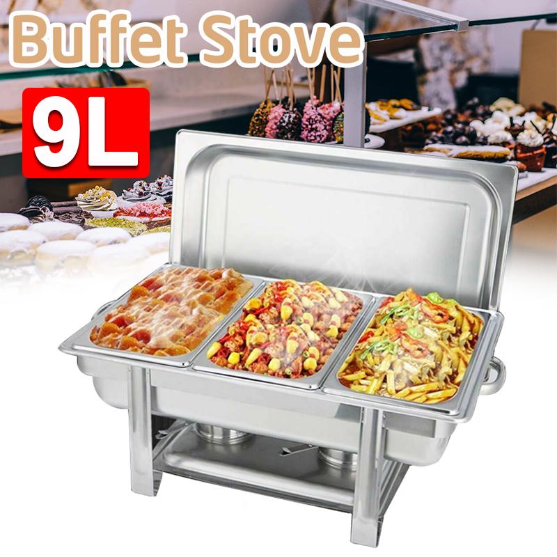 9L 3 Plates Dish Set Container Food Warmer Chafing Dish Full Buffet Catering Foldable Stainless Steel Square Buffet Stove