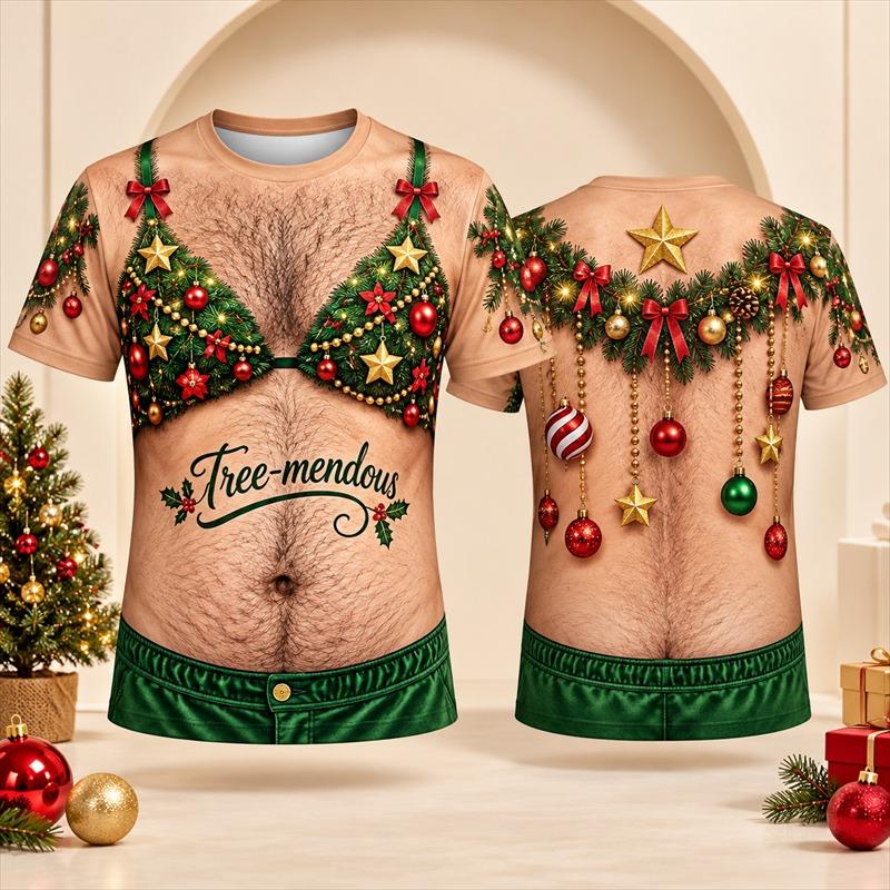 Falscher haariger Bauch Weihnachten T-Shirt 2026 Neu Herren Kurzarm 3D Lustiger Illusionsdruck Festliches BH Neuheit Weihnachten Party Outfit T-Shirt
